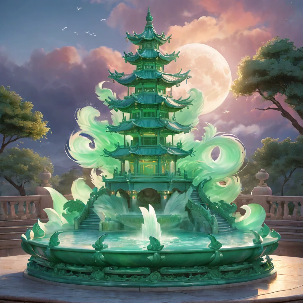 A magnificent jade fountain.The night deepens，full moon, cloud .(Highest quality,4K,8k,High resolution,masterpiece:1.2),Very detailed,(Realistic,photoRealistic,photo-Realistic:1.37)。pastel colour,Feather,