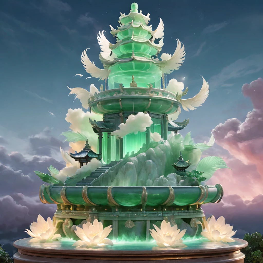 A magnificent jade fountain.The night deepens，full moon, cloud .(Highest quality,4K,8k,High resolution,masterpiece:1.2),Very detailed,(Realistic,photoRealistic,photo-Realistic:1.37)。pastel colour,Feather,