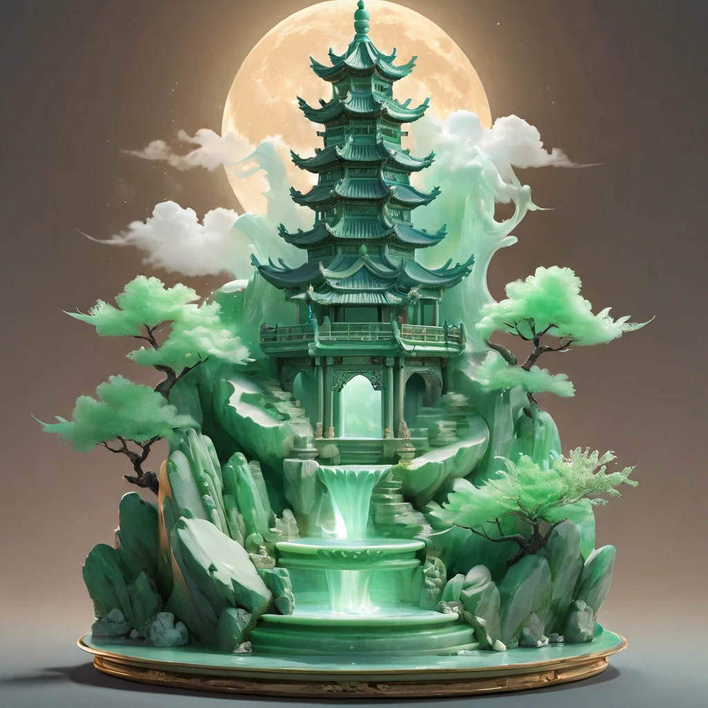 A magnificent jade fountain.The night deepens，full moon, cloud .(Highest quality,4K,8k,High resolution,masterpiece:1.2),Very detailed,(Realistic,photoRealistic,photo-Realistic:1.37)。pastel colour,Feather,