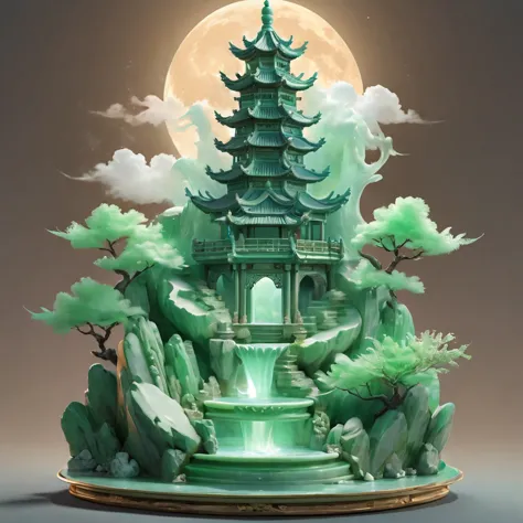 a magnificent jade fountain.the night deepens，full moon, cloud .(highest quality,4k,8k,high resolution,masterpiece:1.2),very det...