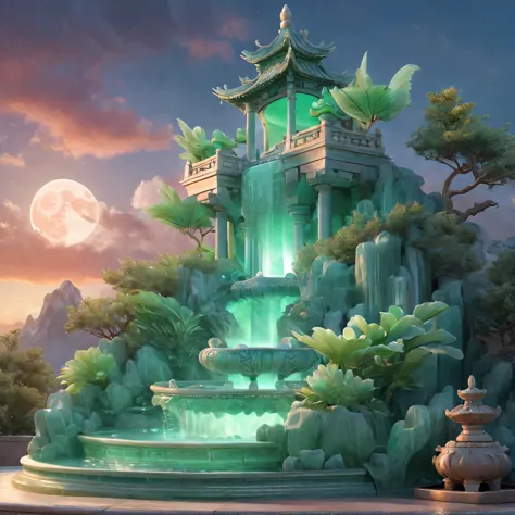 a magnificent jade fountain.the night deepens，full moon, cloud .(highest quality,4k,8k,high resolution,masterpiece:1.2),very det...