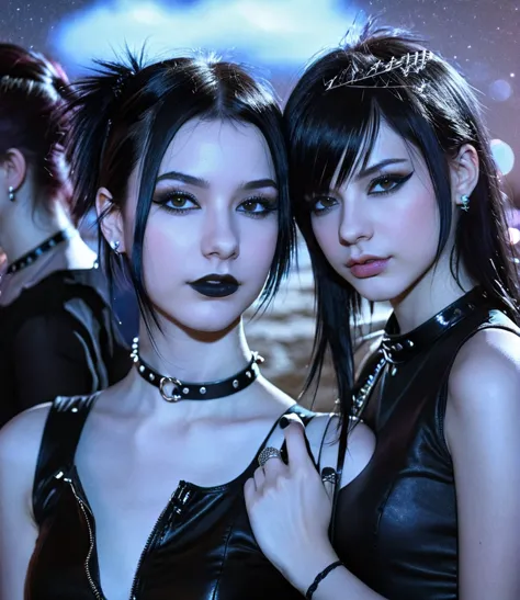 two pretty gothic punk girls at a rock party with night sky, bdsm collar, lean and slender bodies, straight black hair down to t...