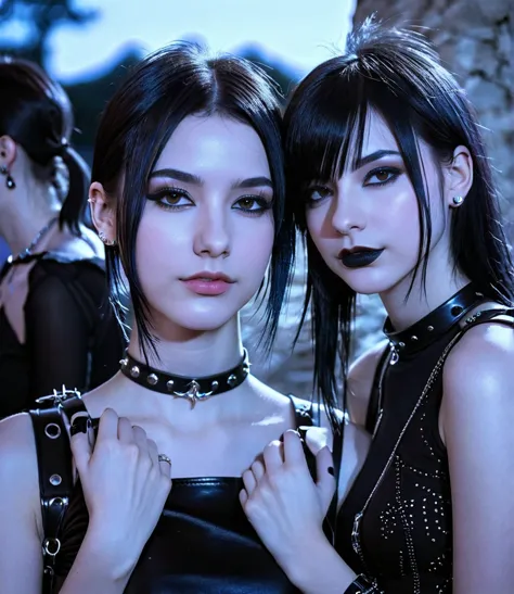 two pretty gothic punk girls at a rock party with night sky, bdsm collar, lean and slender bodies, straight black hair down to t...