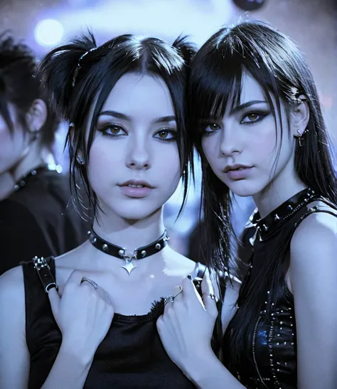 two pretty gothic punk girls at a rock party with night sky, bdsm collar, lean and slender bodies, straight black hair down to t...