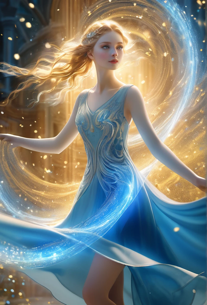 masterpiece, best quality, (Pale skin and blue eyes, A woman with a perfect face, A transparent body made of light), (garb_A vortex of light, flowing short dress, Simple light embroidery), Mysterious white light blended together, Golden particles and golden smog in the atmosphere, A dreamy expression as if dreaming, Camera angle capturing the upper body above the hips, clear resolution, Cinematic lighting, Clear picture quality, best illustration, Bright Themes, soft lighting, animated movie,