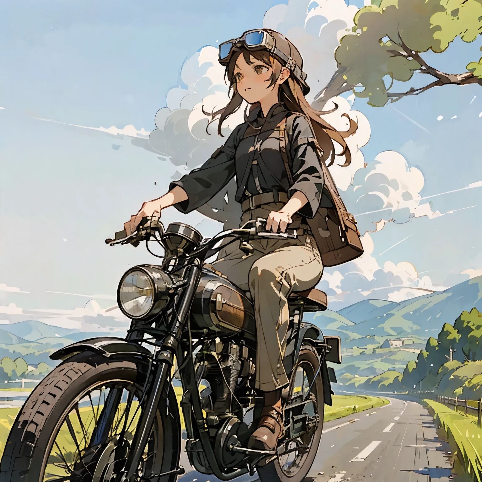 Highest quality、A girl is riding a vintage bike、Dark brown shortcuts、Leather jumper、Cromwell helmet with goggles、Japanese countryside scenery、Streamside path、Small Creek、Dirt roads、Weeds growing on the side of the road、blue sky、Floating white clouds、Early summer sky、