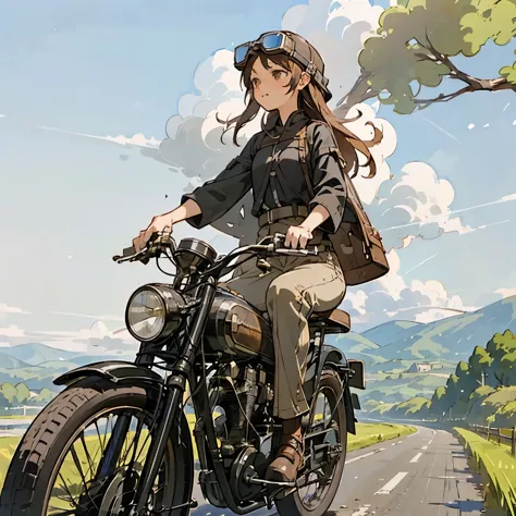 highest quality、a girl is riding a vintage bike、dark brown shortcuts、leather jumper、cromwell helmet with goggles、japanese countr...