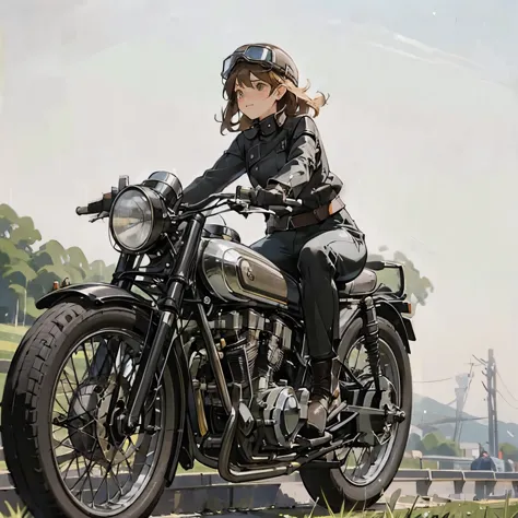 (a young female rider speeds along on a motorcycle)、vintage bikes、bluff superior ss100、isle of man races、leather jumper、cromwell...