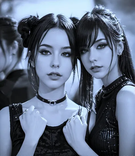 two pretty gothic punk girls at a rock party with night sky, bdsm collar, lean and slender bodies, straight black hair down to t...