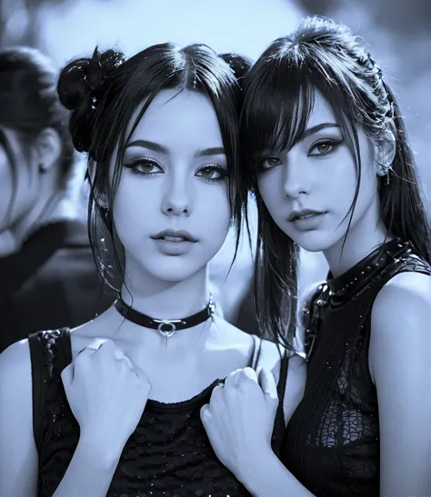 two pretty gothic punk girls at a rock party with night sky, bdsm collar, lean and slender bodies, straight black hair down to t...