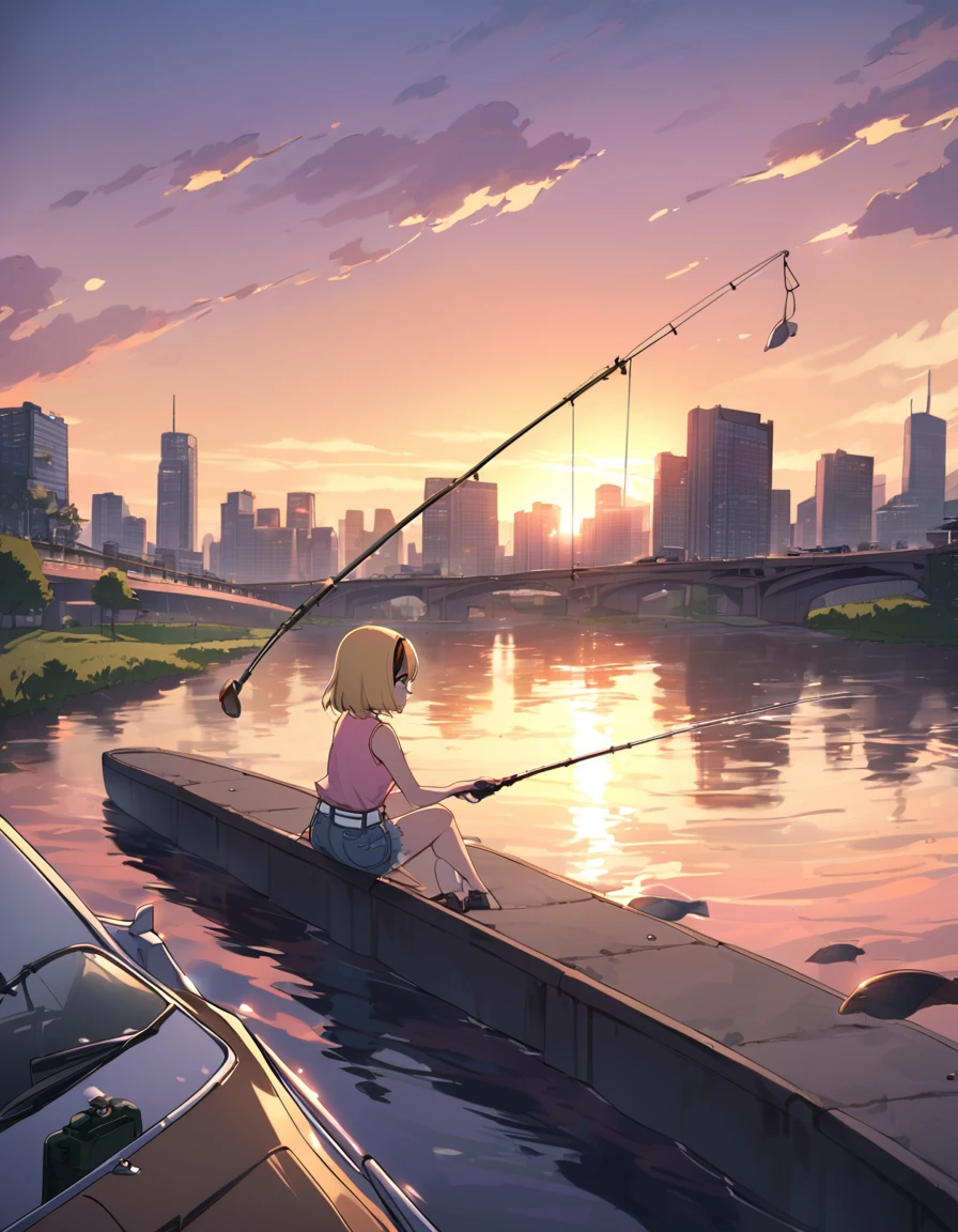 ((fishing)), fishing竿, 1 female, alone, Yellow Hair, blonde, Purple eyes, short hair, hair band, Flat Chest, Collared shirt,Sleeveless shirt,Pink Shirt, White Belt, Denim shorts, sunset, Metropolis, Quiet river, Car Sounds, Relaxed time, Urban Fishing