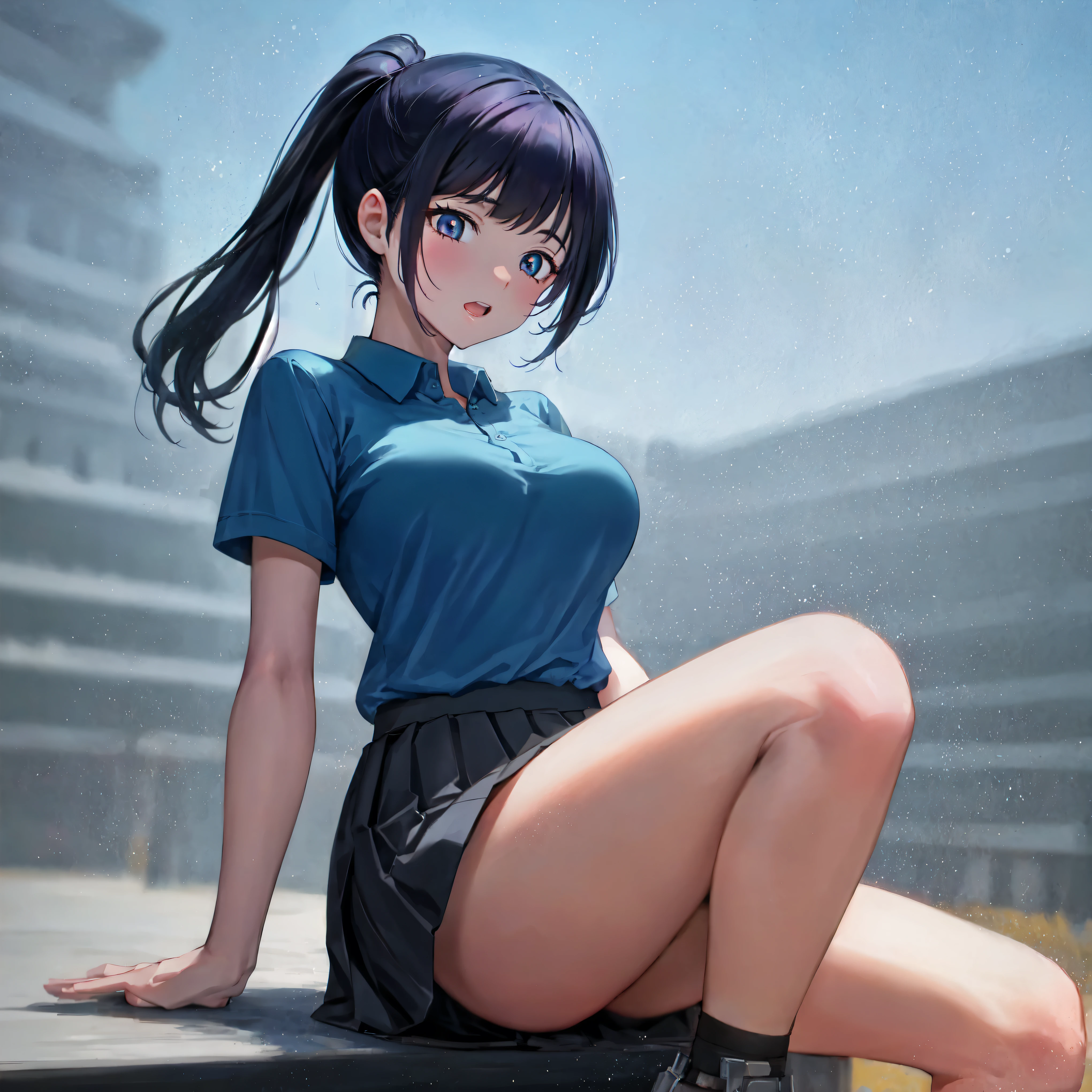 pastel art,high school,sneakers, (Masterpiece:1.5, Best Quality),blue polo shirt,dark grey pleated skirt,Lower ponytail,Dutch Angle, {{black hair}} , (Depth of Field), Dynamic Posture,{{beautiful medium size breasts1:4}},{{beautiful blue eye1:4}},photorealistic 1;4, high quality panties, top quality, {{beautiful butt}}, cute girl, high quality background, BREAK, BREAK, 5 fingers