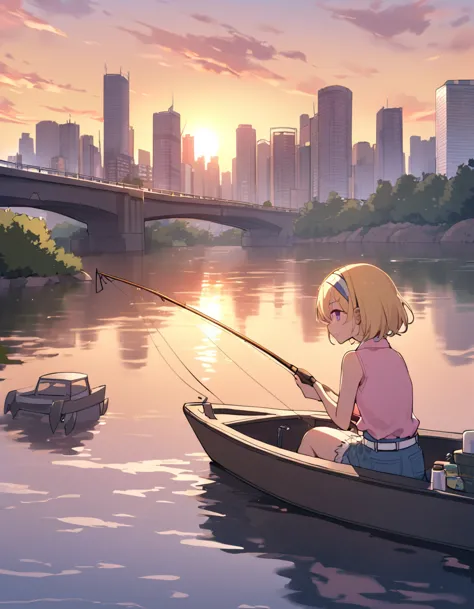 ((fishing)), fishing竿, 1 female, alone, yellow hair, blonde, purple eyes, short hair, hair band, flat chest, collared shirt,slee...