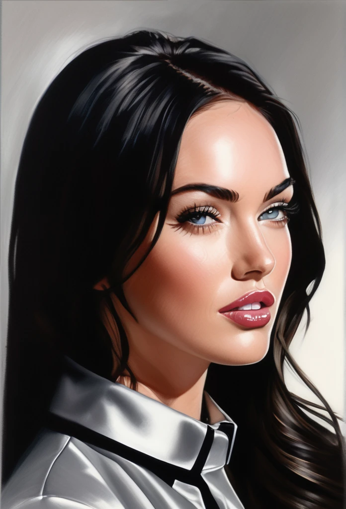 (MeganFox)drawing of the face of a 35 year old woman,long hair,dark haired,silver high collar satin shirt