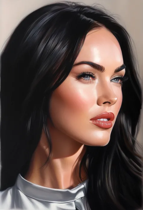 (meganfox)drawing of the face of a 35 year old woman,long hair,dark haired,silver high collar satin shirt