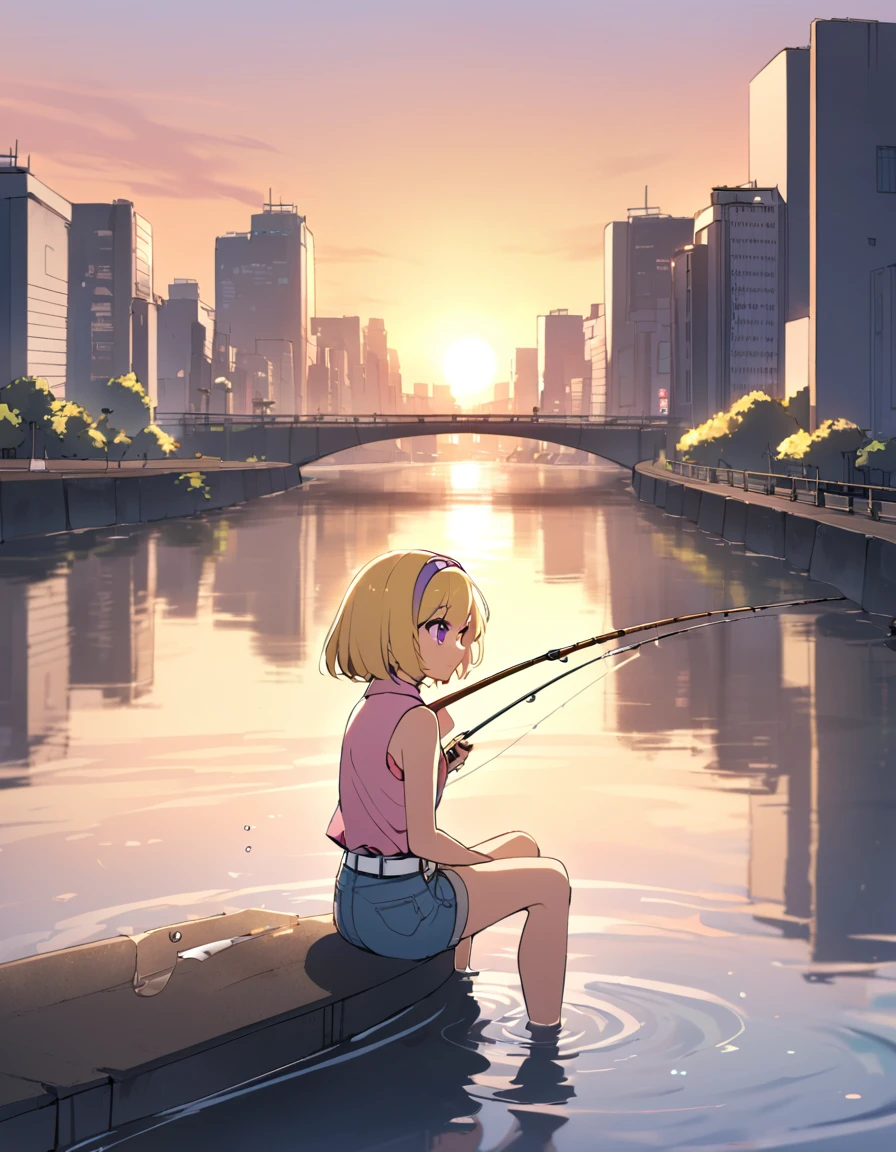 ((fishing)), fishing竿, 1 female, alone, Yellow Hair, blonde, Purple eyes, short hair, hair band, Flat Chest, Collared shirt,Sleeveless shirt,Pink Shirt, White Belt, Denim shorts, sunset, Metropolis, Quiet river, Car Sounds, Relaxed time, Urban Fishing