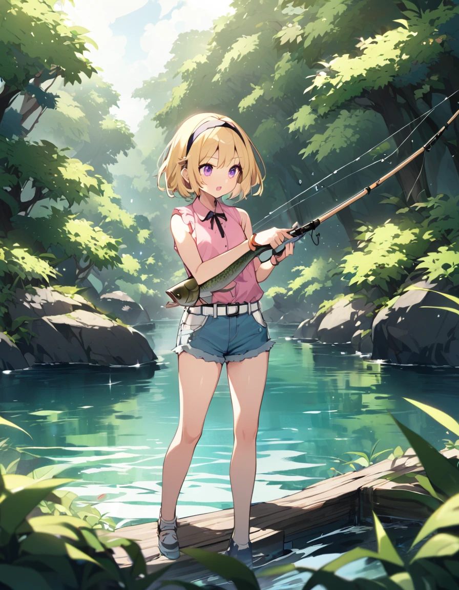 ((fishing)), fishing竿, 1 female, alone, Yellow Hair, blonde, Purple eyes, short hair, hair band, Flat Chest, Collared shirt,Sleeveless shirt,Pink Shirt, White Belt, Denim shorts, 川の流れの中でfishingをする人, Lush forest background, fishingのリズムに集中する表情, 