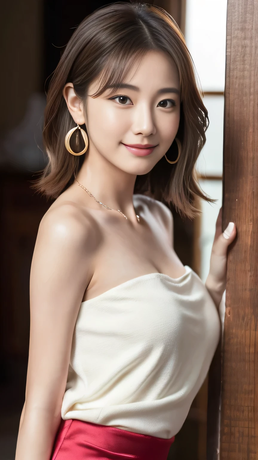 (Highest quality, Flying debris, Realistic photos, Very detailed, Ultra-high resolution, to be born:1.3), (1 female, Beautiful Japanese actresses, 2),  (A shy smile), Detailed face，Flashy makeup using red eyeshadow，Large ring earrings，Light blonde delicate medium cut hair，The tips of the hair are wavy，Elegant hairstyle，Beautiful Eyes, Slender actress，Small breasts,  (mini skirt dress), ( From beh de d), A glimpse of white panties，