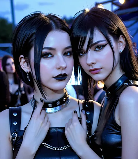 two pretty gothic punk girls at a rock party with night sky, bdsm collar, lean and slender bodies, straight black hair down to t...