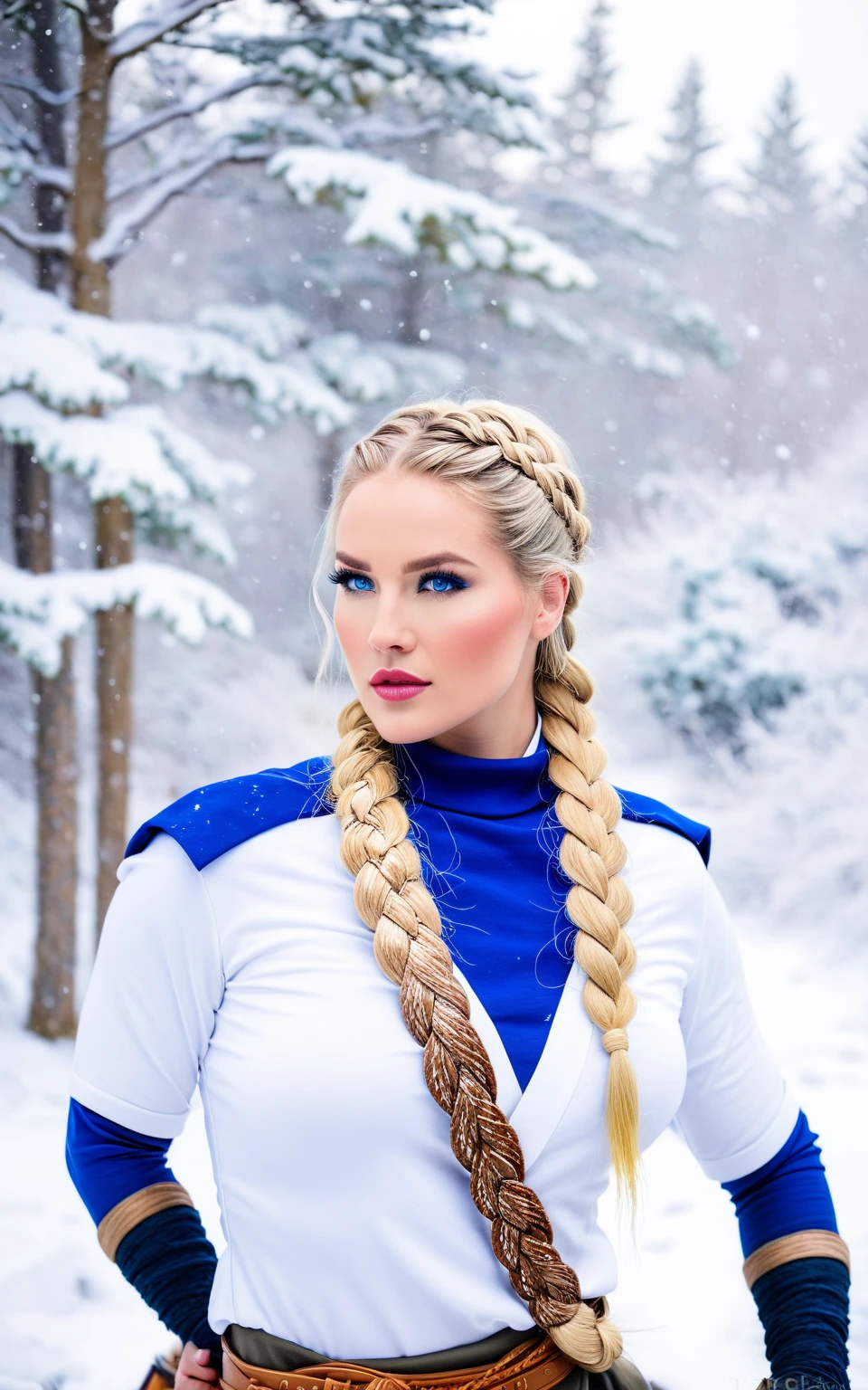 (realistic:1.2), analog photography style, Scandinavian warrior woman, wonderful snow scene, braided blonde hair, whole body, soft natural light, Cute and sexy, joy, detailed face and blue eyes, Excellent quality, masterpiece, detailed northern background, quality: 16K, RAW photo