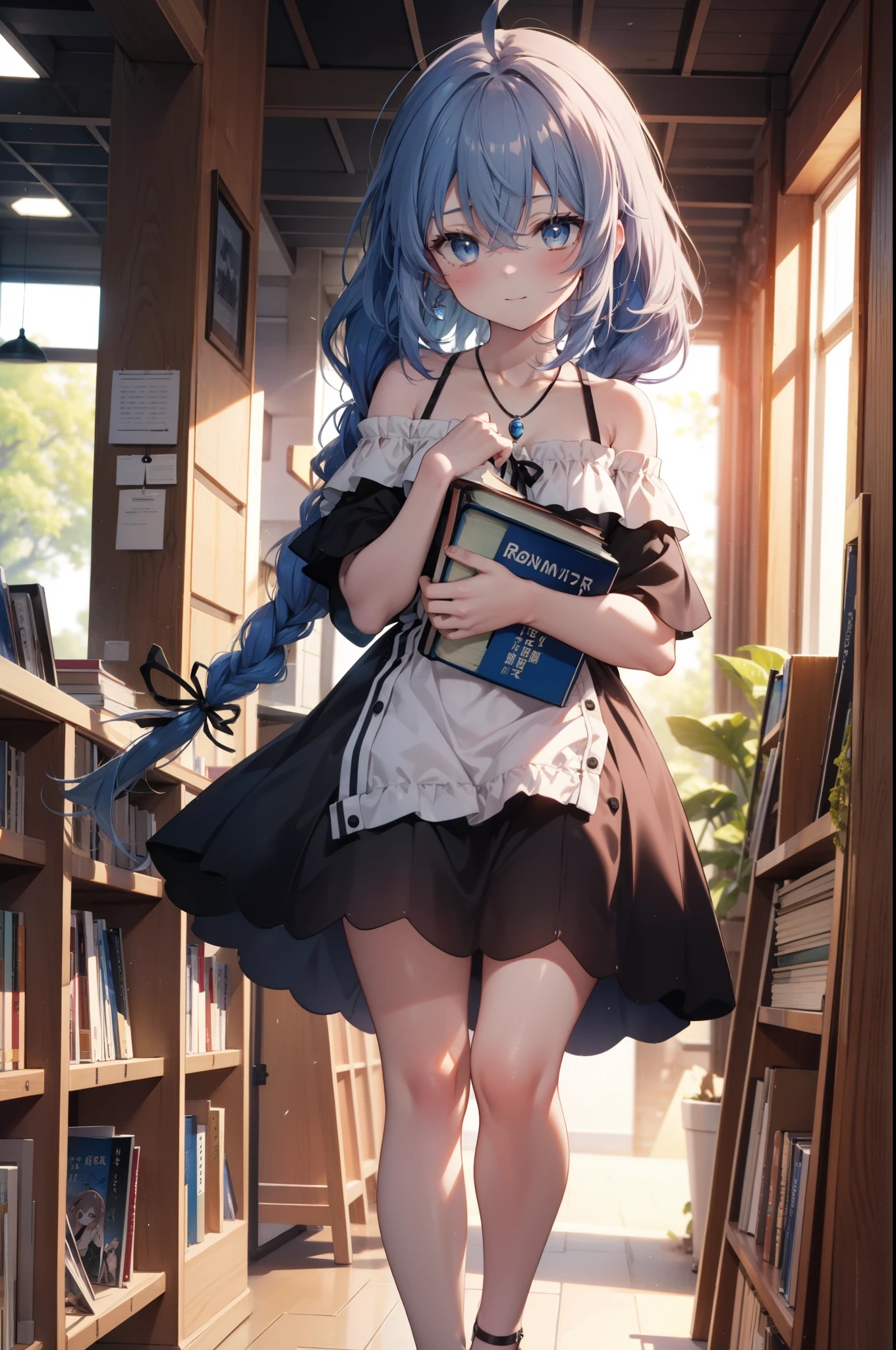 Roxymigurdia, Roxy, Ahoge, Black Ribbon, blue eyes, Blue Hair, Braiding, Hair between the eyes, Hair Ribbon, Long Hair, twin Braidings, very Long Hair, smile,blush,Open your mouth,Blue off-shoulder dress,bare clavicle,Bare neck,Bare shoulders,Rocket Pendant,Short sleeve,mini skirt,Cute heeled sandals,True Summer,Daytime,Clear skies,Walking,Bookshelf,Holding a book in both arms,whole bodyがイラストに入るように,
break looking at viewer,whole body,
break indoors,figure書館,
break (masterpiece:1.2), Highest quality, High resolution, unity 8k wallpaper, (figure:0.8), (Beautiful attention to detail:1.6), Highly detailed face, Perfect lighting, Highly detailed CG, (Perfect hands, Perfect Anatomy),