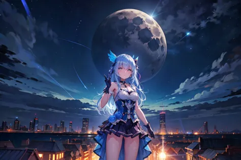 masterpiece, best quality, 1girl, solo, blue bird, standing, outdoors, futuristic cityscape, night, night sky, moon, neon city, ...