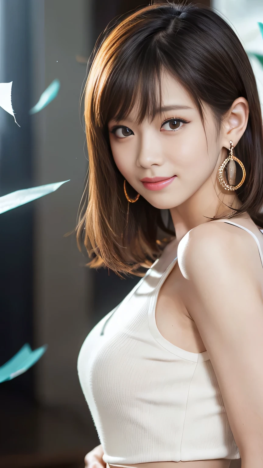 (Highest quality, Flying debris, Realistic photos, Very detailed, Ultra-high resolution, to be born:1.3), (1 female, Beautiful Japanese actresses, 2),  (A shy smile), Detailed face，Flashy makeup using red eyeshadow，Large ring earrings，Light blonde delicate medium cut hair，The tips of the hair are wavy，Elegant hairstyle，Beautiful Eyes, Slender actress，Small breasts,  (mini skirt dress), ( From beh de d), A glimpse of white panties，