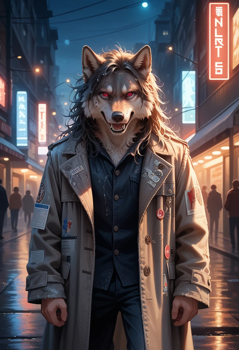 score_9, score_8_up,score_7_up, masterpiece, best quality, perfect anatomy, very aesthetic, official art, 8k, (best detail, high quality), fluffy wolf, Walk around the city, (night, bright lights, urban environment), (dynamic framing, ferocious facial expression, dirty hair), (bright red eyes, detailed coat), (colorful spots, wet streets), (Focus on the wolf&#39;head), (bright accent on the eyes).