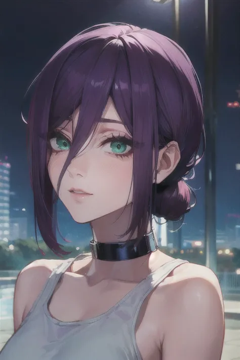 (highest quality)、(highest quality)、cut、chainsaw man、cute、(choker).eyes are emerald、her hair is purple、short bob、beautiful night...