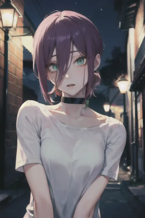 (highest quality)、(highest quality)、cut、chainsaw man、cute、(choker).eyes are emerald、her hair is purple、short bob、beautiful night...