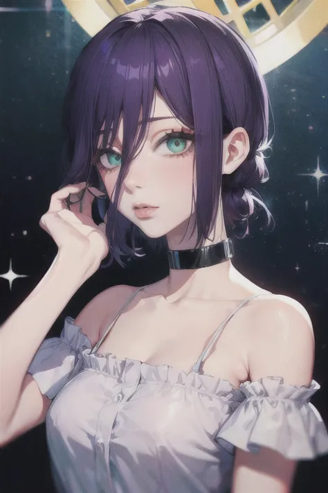 (highest quality)、(highest quality)、cut、chainsaw man、cute、(choker).eyes are emerald、her hair is purple、short bob、beautiful night...