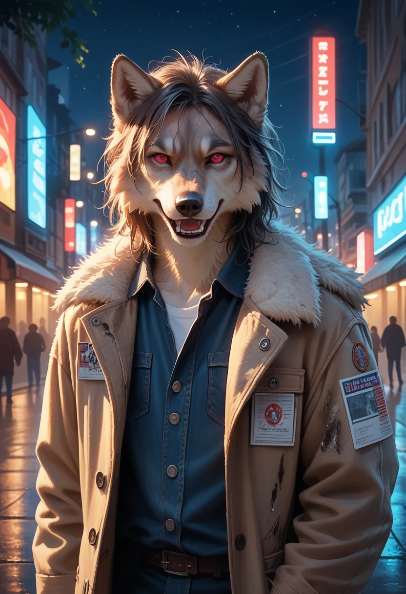 score_9, score_8_up,score_7_up, masterpiece, best quality, perfect anatomy, very aesthetic, official art, 8k, (best detail, high quality), fluffy wolf, Walk around the city, (night, bright lights, urban environment), (dynamic framing, ferocious facial expression, dirty hair), (bright red eyes, detailed coat), (colorful spots, wet streets), (Focus on the wolf&#39;head), (bright accent on the eyes).