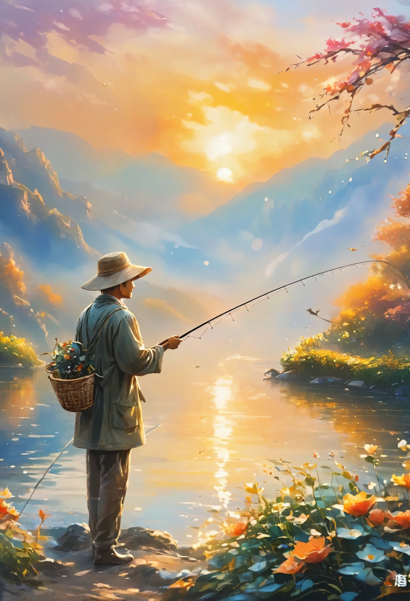 ((masterpiece)), ((best quality)), contour、Sunset、Fisherman、holding fishing rod