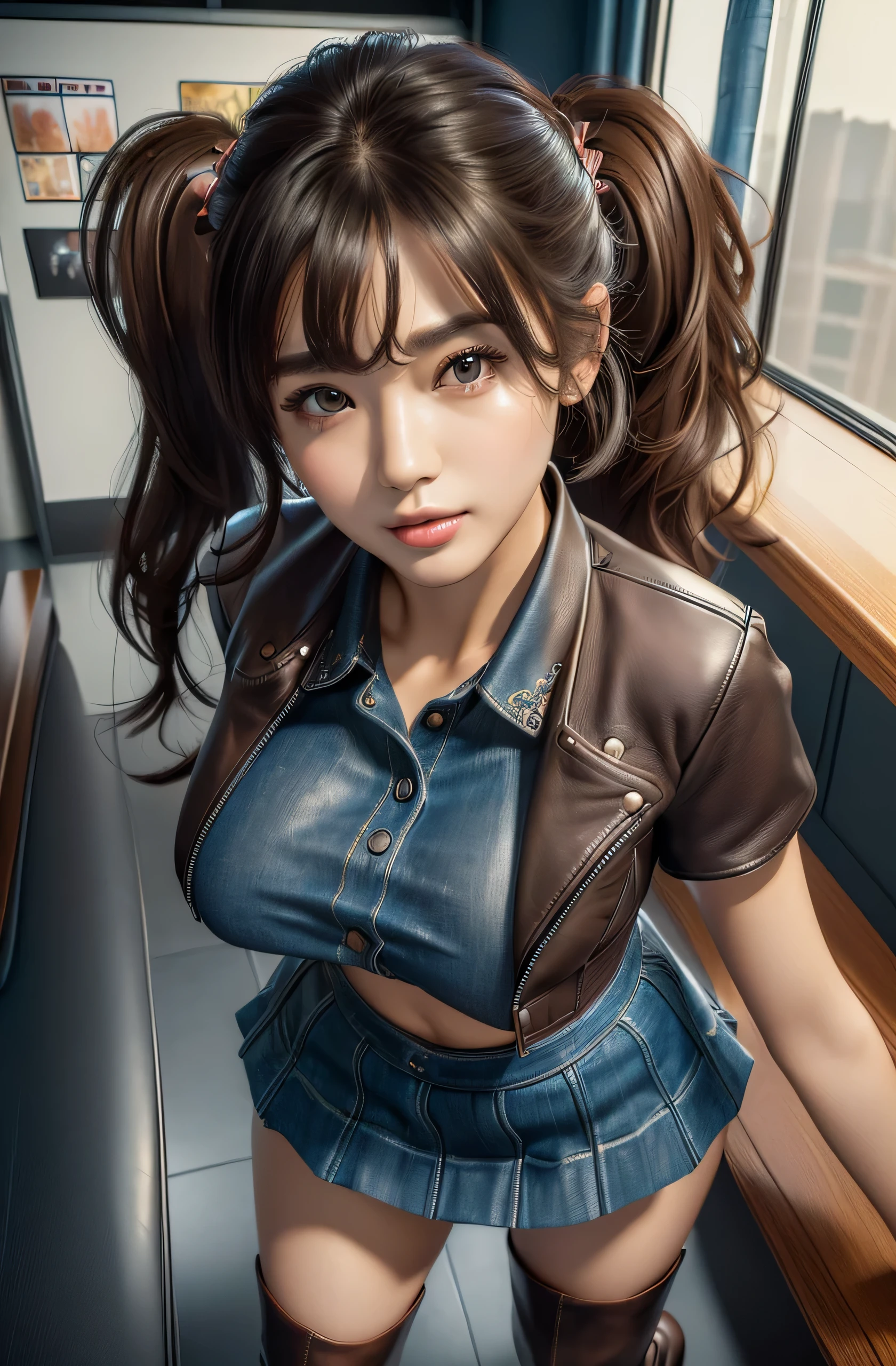 (best quality, masterpiece:1.5), (ultra-detailed, realistic:1.37),4K,(woman:1.5),korean,cute,beautiful,(black leather jacket:1.2),(T shirts)(denim pattern skirt),(big breast),(bra),(brown long boots),short cut hair