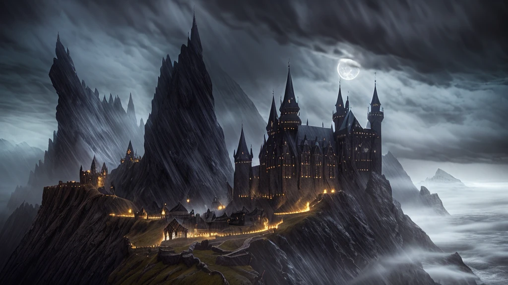 a dark fantasy scene, dramatic moody lighting, ornate castle on a cliff, fog swirling around, ghostly figures in the distance, dark clouds in the sky, full moon, dramatic atmosphere, intricate details, cinematic composition, muted color palette, gothic architecture, dramatic lighting and shadows, highly detailed, masterpiece, photorealistic, 8k