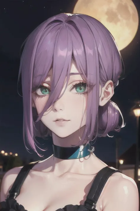 (highest quality)、(highest quality)、cut、chainsaw man、cute、(choker).eyes are emerald、her hair is purple、short bob、beautiful night...