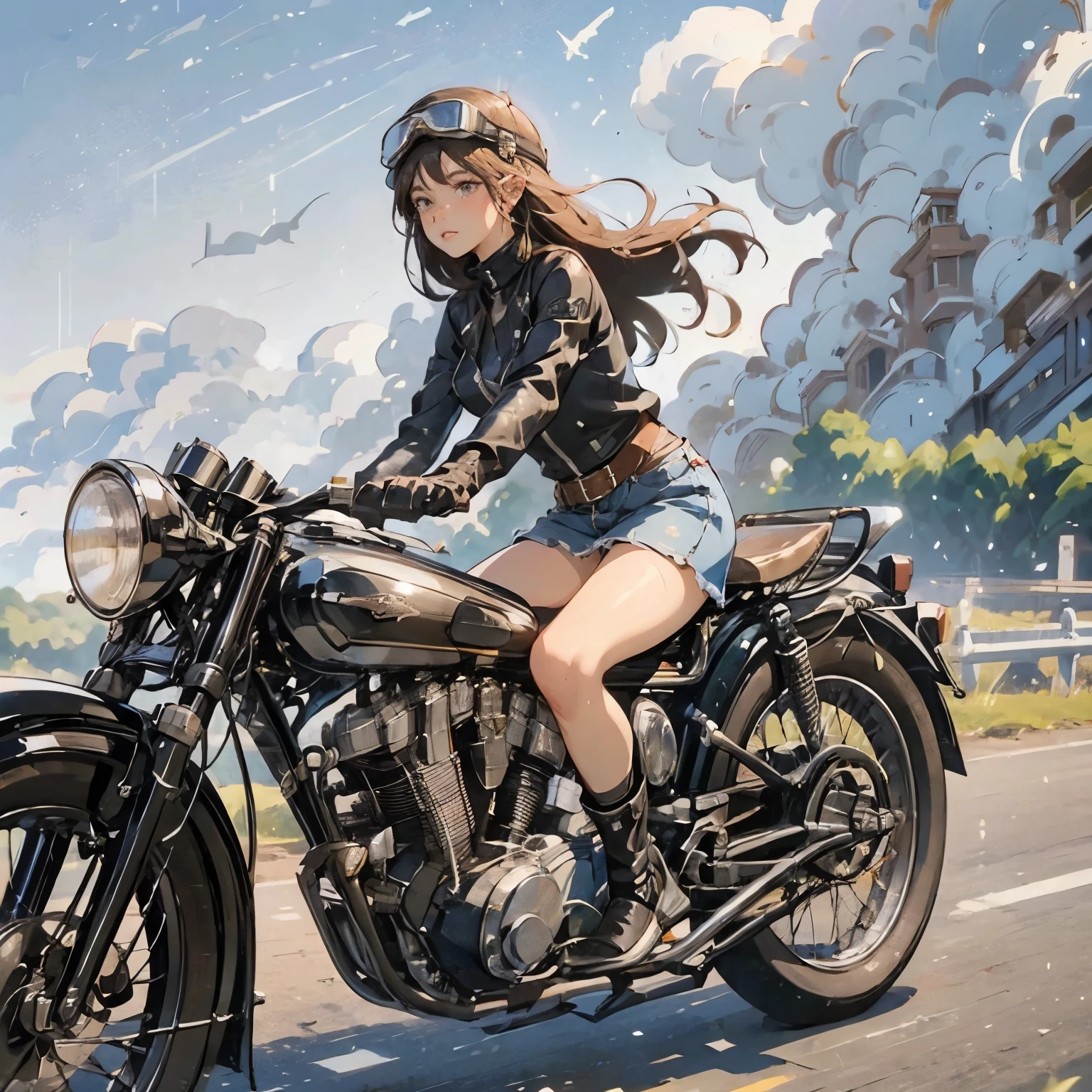 (A young female rider speeds along on a motorcycle)、(Leaning forward:1.2)、Vintage Bikes、Bluff Superior SS100、Isle of Man Races、Leather jumper、Cromwell helmet with goggles、After the Rain、English countryside、(Highest quality, masterpiece, High resolution)、8k、wallpaper