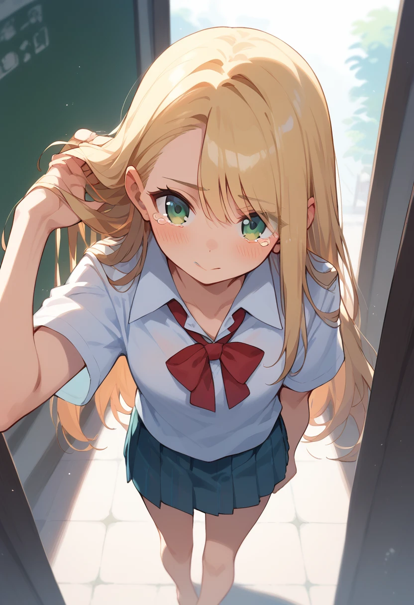 masterpiece, (score_9,score_8_up,score_7_up,score_6_up), 1 girl, green eyes, little sassy, skinny, tsurime, asymmetrical bangs, long hair, (blond hair:1.3), adjusting hair, (school uniform), (white collared shirt, plain pattern shirt, short sleeves, shirt tucked in:1), (red plain pattern narrow neck ribbon:1.1), bare feet, thigh, teeth, blush, happy tears, look at viewer, from above,