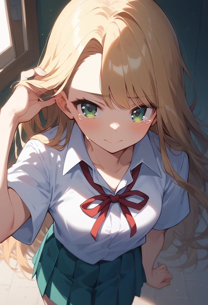 masterpiece, (score_9,score_8_up,score_7_up,score_6_up), 1 girl, green eyes, little sassy, skinny, tsurime, asymmetrical bangs, long hair, (blond hair:1.3), adjusting hair, (school uniform), (white collared shirt, plain pattern shirt, short sleeves, shirt tucked in:1), (red plain pattern narrow neck ribbon:1.1), bare feet, thigh, teeth, blush, happy tears, look at viewer, from above,