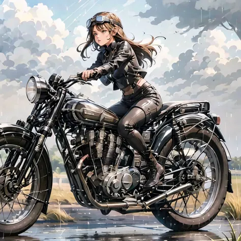 (a young female rider speeds along on a motorcycle)、(leaning forward:1.2)、vintage bikes、bluff superior ss100、isle of man races、l...