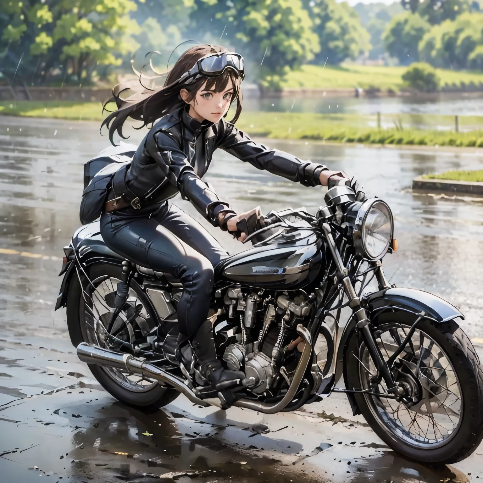 (A young female rider speeds along on a motorcycle)、(Leaning forward:1.2)、Vintage Bikes、Bluff Superior SS100、Isle of Man Races、Leather jumper、Cromwell helmet with goggles、After the Rain、English countryside、(Highest quality, masterpiece, High resolution)、8k、wallpaper