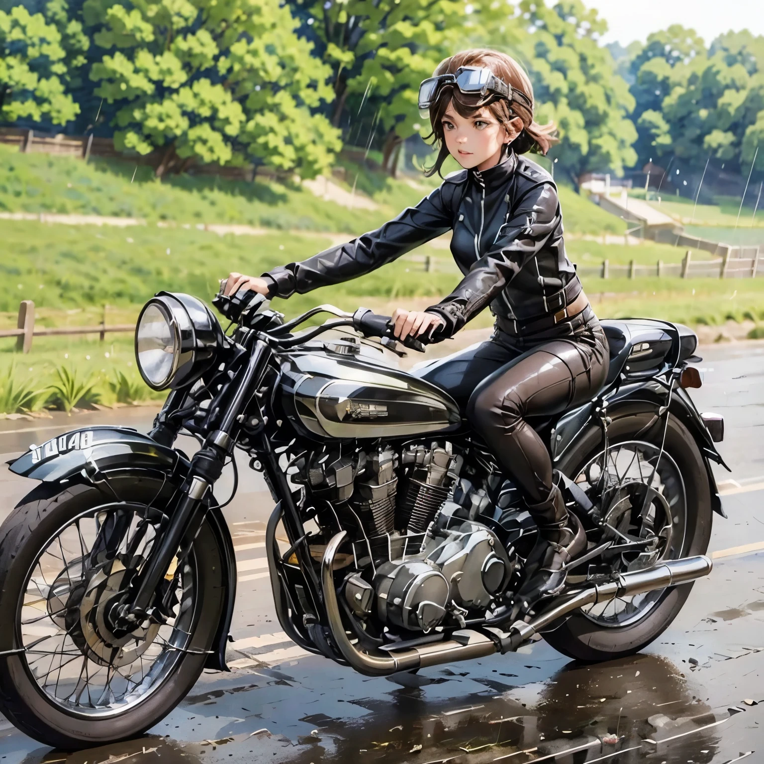 (A young female rider speeds along on a motorcycle)、(Leaning forward:1.2)、Vintage Bikes、Bluff Superior SS100、Isle of Man Races、Leather jumper、Cromwell helmet with goggles、After the Rain、English countryside、(Highest quality, masterpiece, High resolution)、8k、wallpaper