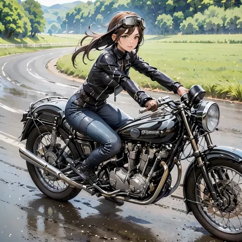 (a young female rider speeds along on a motorcycle)、(leaning forward:1.2)、vintage bikes、bluff superior ss100、isle of man races、l...