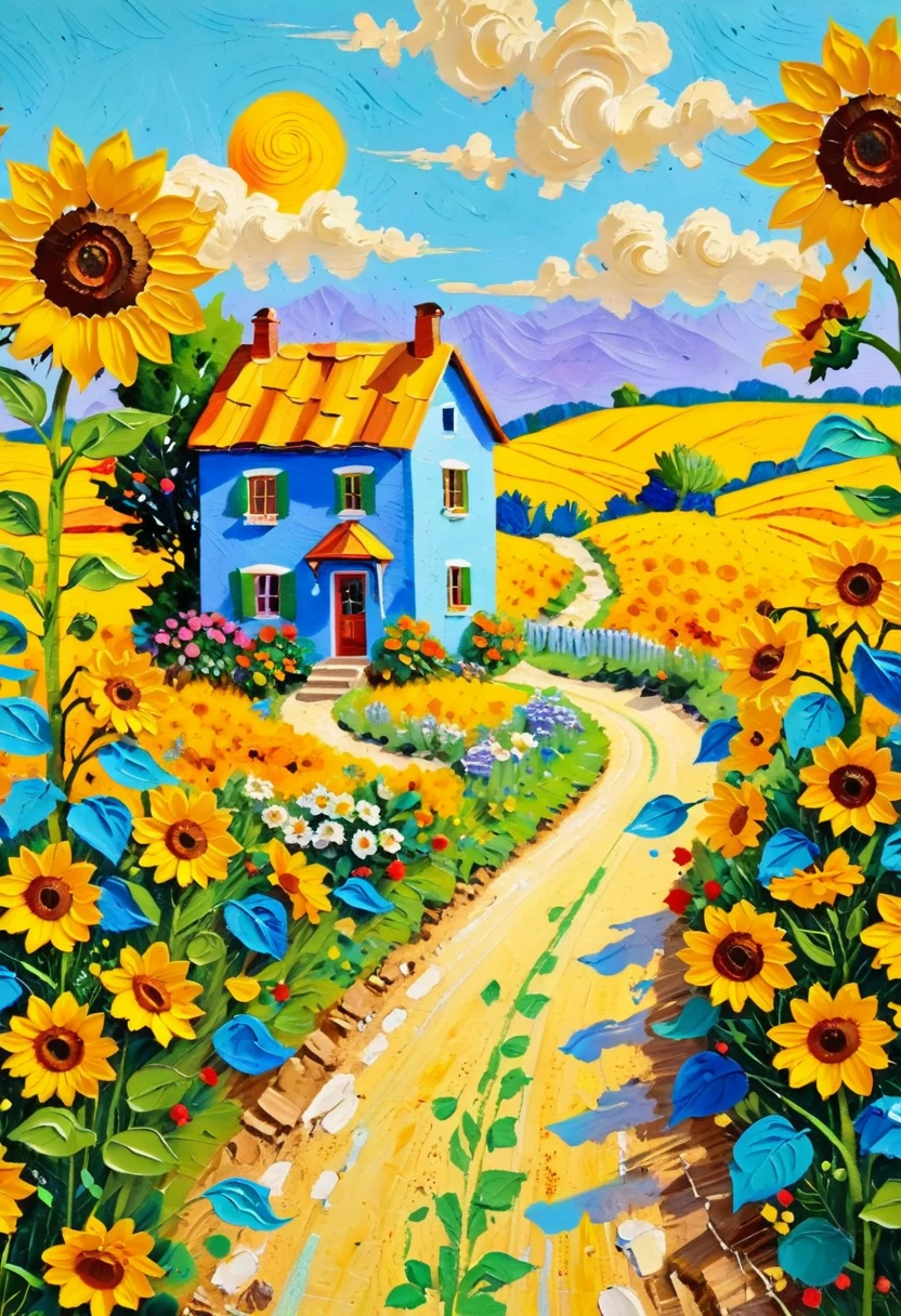 (((Acrylic paint，Thick coating，Plaster texture，Cream Painting)))，The winding path leads to the small house，Sunflowers on the roadside，Vibrant gouache landscape, Colorful scene, colorful、Rich in details, Colorful artwork, Landscape Art Detail, On a sunny day, The art of detail, colorful art,
