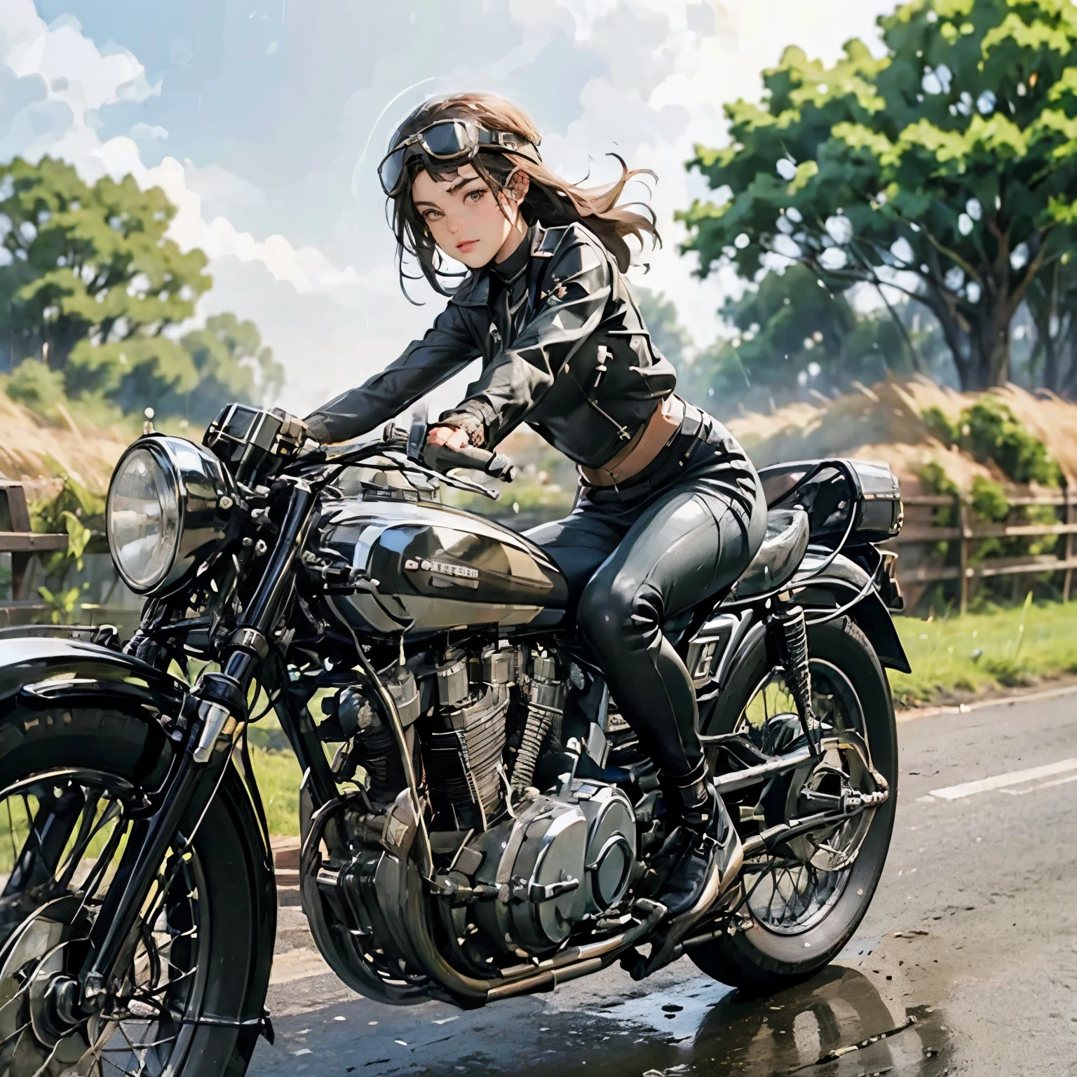 (A young female rider speeds along on a motorcycle)、(cornering:1.2)、Vintage Bikes、Bluff Superior SS100、Isle of Man Races、Leather jumper、Cromwell helmet with goggles、After the Rain、English countryside、(Highest quality, masterpiece, High resolution)、8k、wallpaper