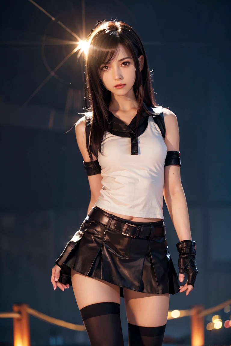 Tifa Lockhart, , night, Light Particles, Light, Side Light, thigh, skirt, Red Eyes, Brown hair, Knee socks, Sleeves，Uniforms
