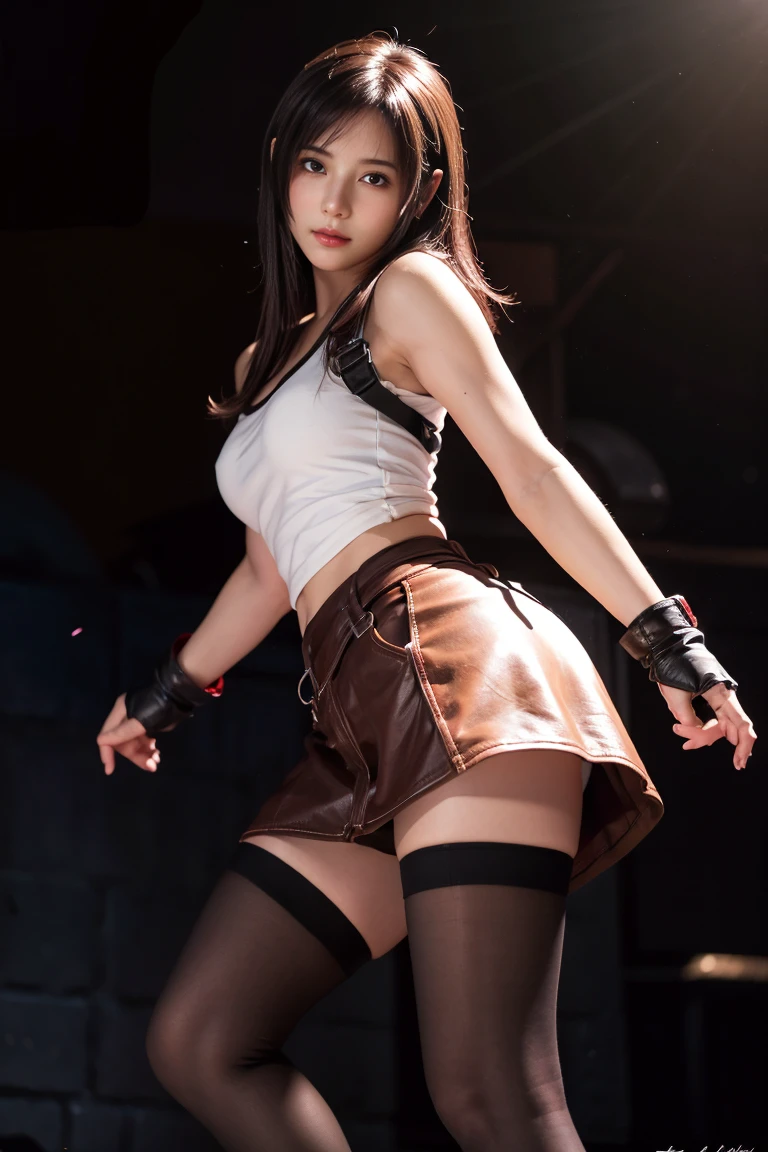 Tifa Lockhart, , night, Light Particles, Light, Side Light, thigh, skirt, Red Eyes, Brown hair, Knee socks, Sleeves，whole body