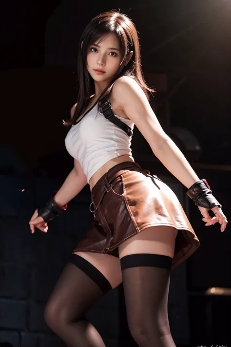 tifa lockhart, , night, light particles, light, side light, thigh, skirt, red eyes, brown hair, knee socks, sleeves，whole body