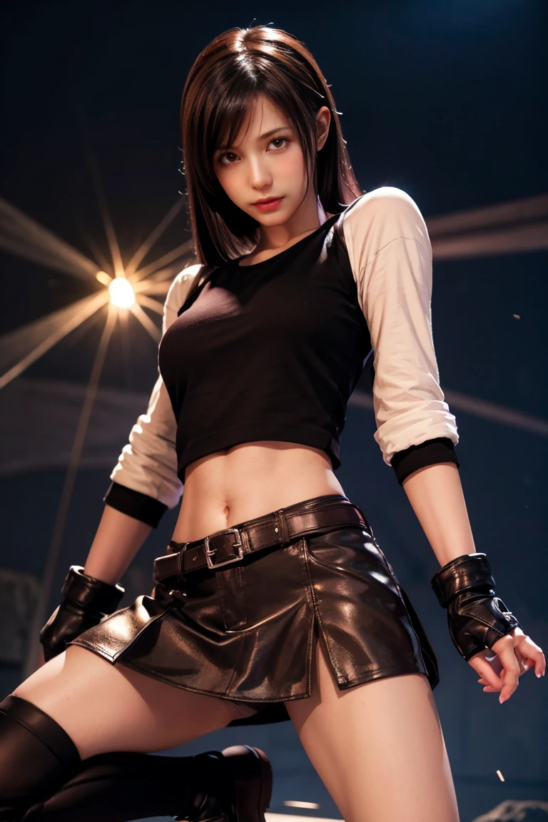 Tifa Lockhart, , night, Light Particles, Light, Side Light, thigh, skirt, Red Eyes, Brown hair, Knee socks, Sleeves，whole body