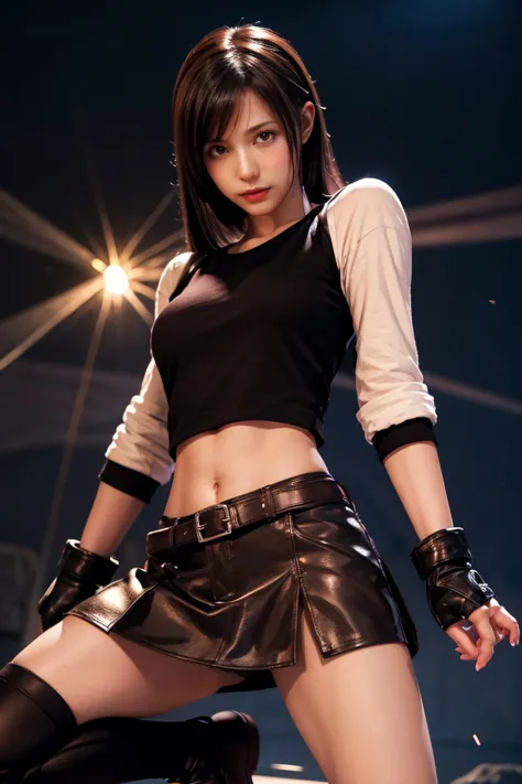 tifa lockhart, , night, light particles, light, side light, thigh, skirt, red eyes, brown hair, knee socks, sleeves，whole body